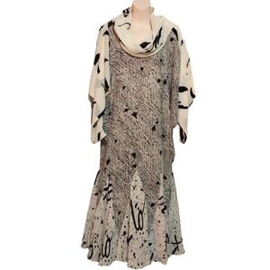 Vintage 80s 90s Elaine Jessley Elegant Black Ivory Midi Dress Artsy Abstract szS